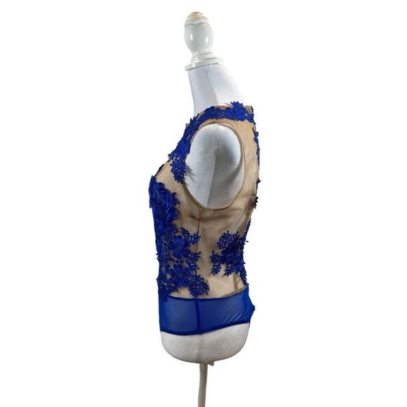 CQ by CQ Brand Sheer and‎ Royal Blue Floral Appliqué Bodysuit Size Small - Picture 8 of 10